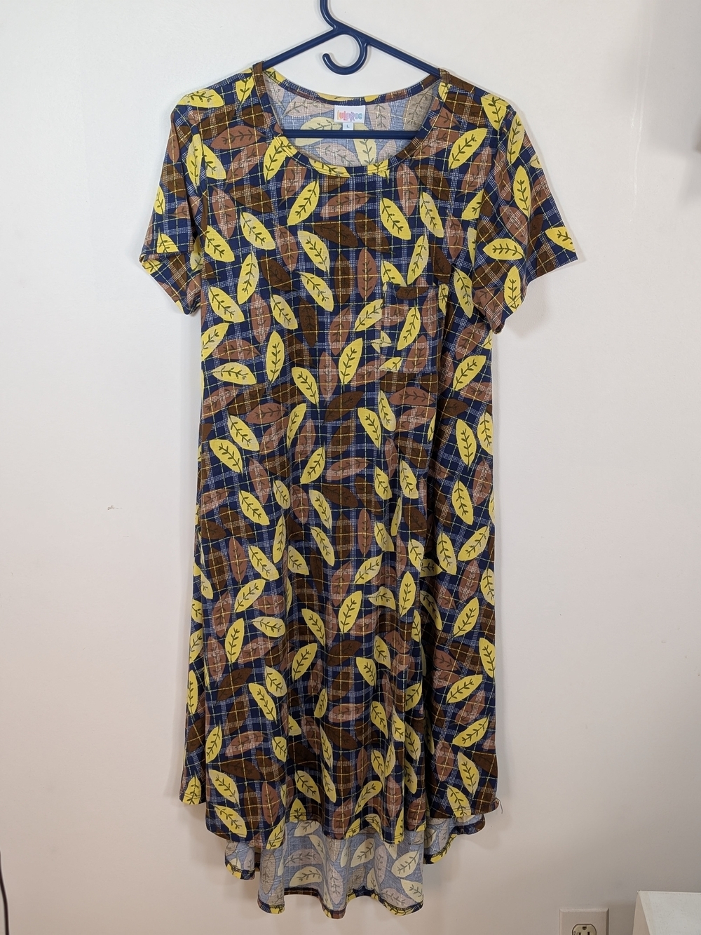 LuLaRoe Short Sleeve Midi Dress in Yellow, Brown and Navy Leaf Print